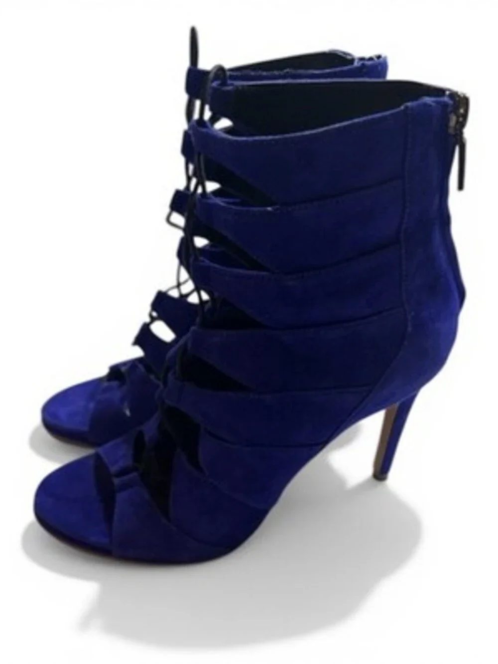 Kenneth Cole Blue Suede Ankle Bootie Women Open Toe Lace-Up Zip Solid Size 7.5